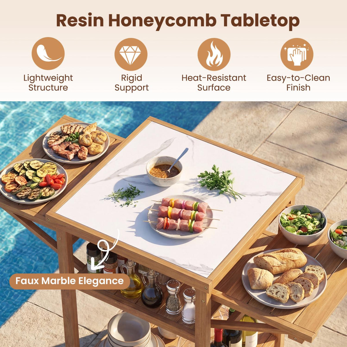 Outdoor Grill Table, Acacia Wood, Faux Marble Top, Drop-Leaf Sides