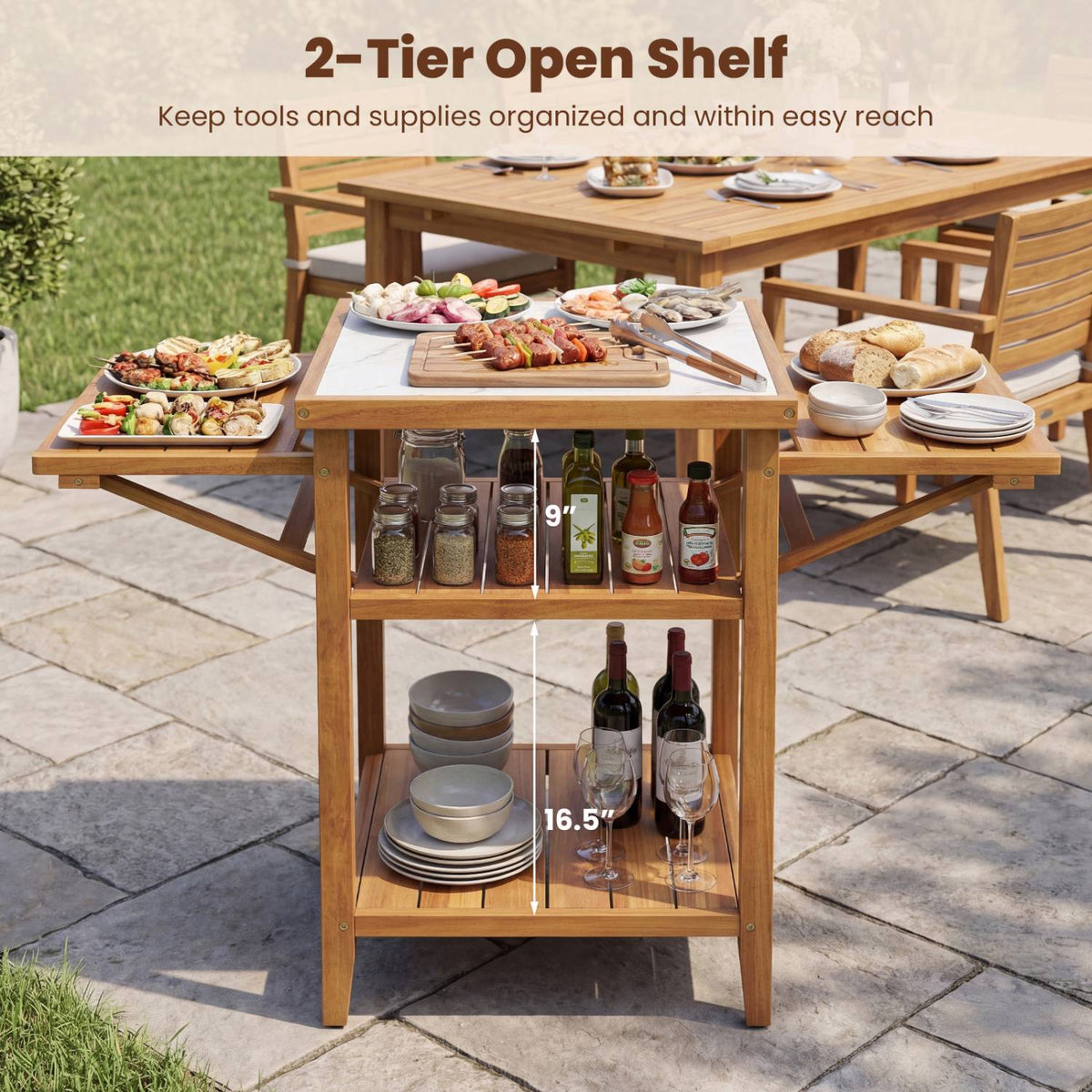 Outdoor Grill Table, Acacia Wood, Faux Marble Top, Drop-Leaf Sides