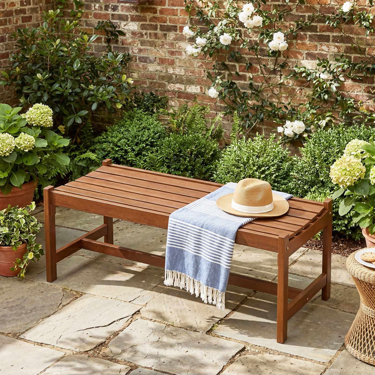 Outdoor Hardwood Dining Bench Set of 2, 44 Inch, Teak Oil Finish