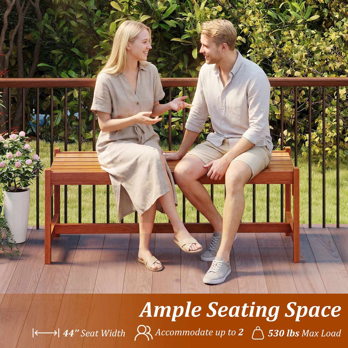 Outdoor Hardwood Dining Bench Set of 2, 44 Inch, Teak Oil Finish