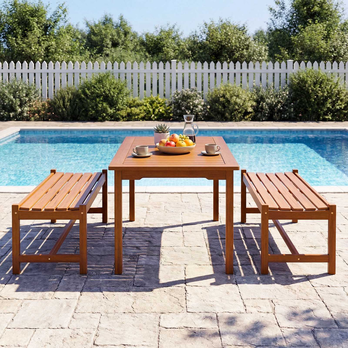 Outdoor Hardwood Dining Bench Set of 2, 44 Inch, Teak Oil Finish