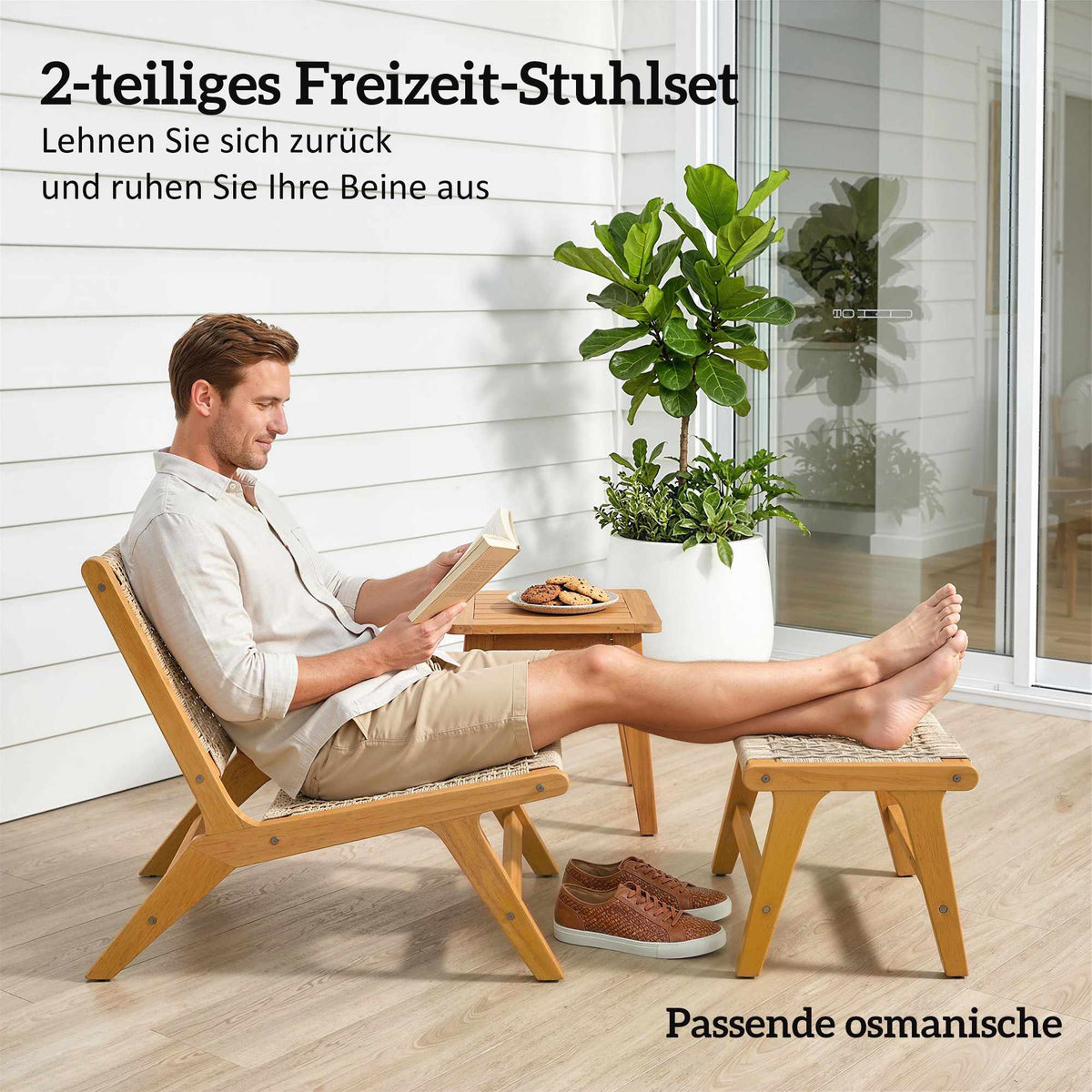 Outdoor Lounge Chair Set, Acacia Wood & Rattan, 2-Piece