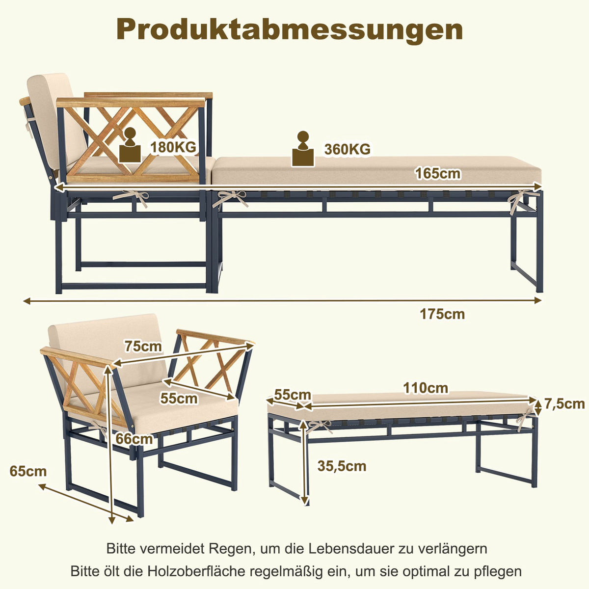 Outdoor Lounge Chair Set with Metal Frame & Acacia Wood
