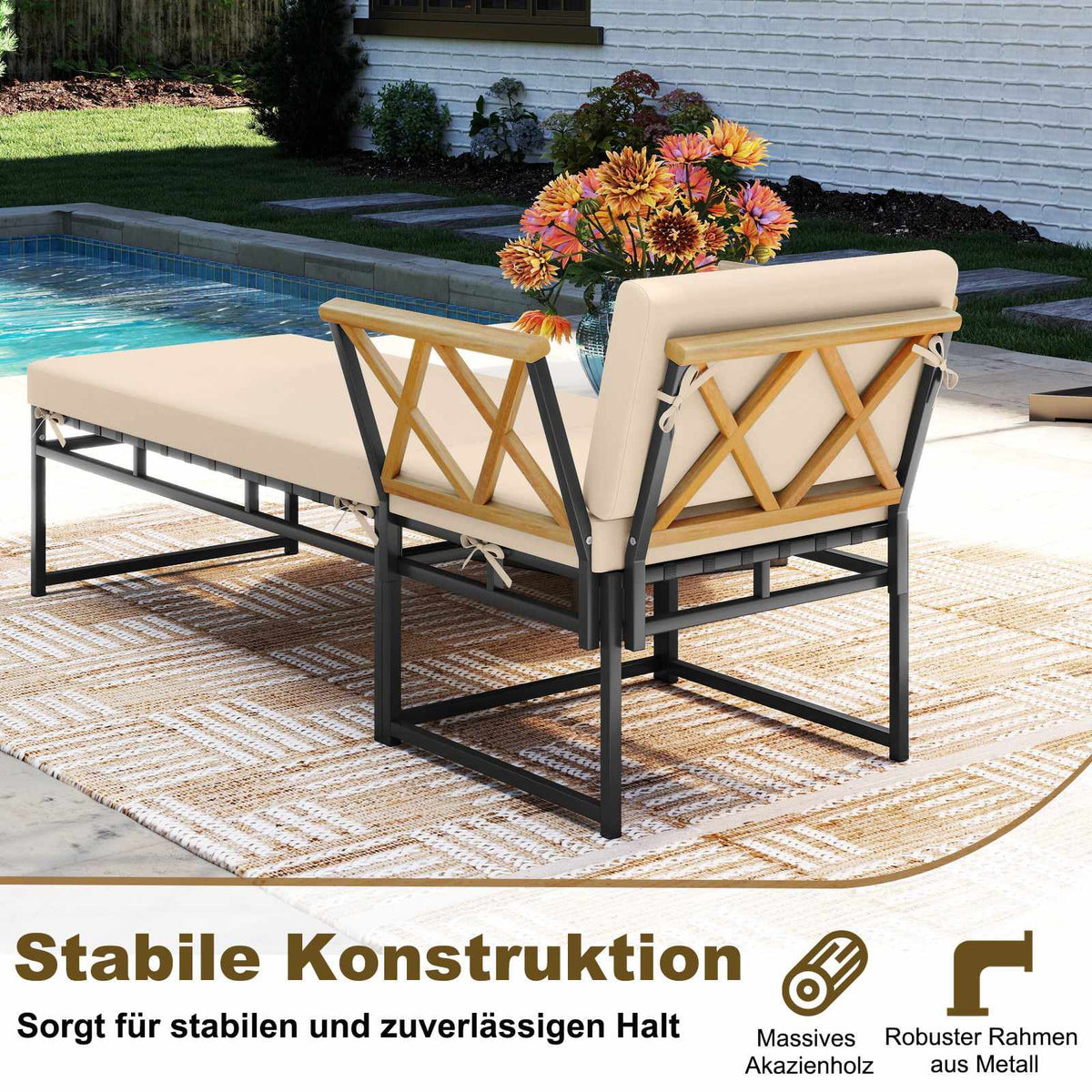 Outdoor Lounge Chair Set with Metal Frame & Acacia Wood