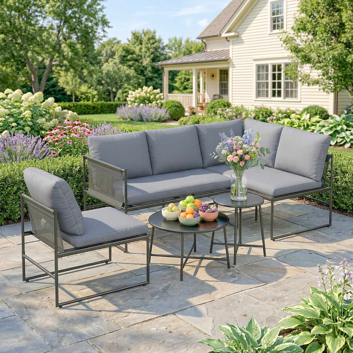 Outdoor Lounge Set for 4-5 People with Sofa & Table