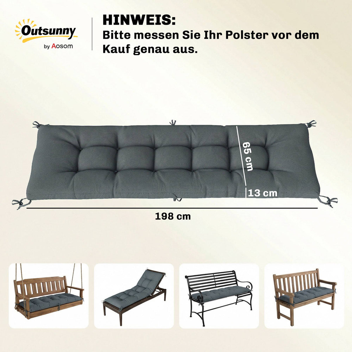 Outdoor Lounger Cushion, Dark Grey, 198x65x13 cm, UV50+