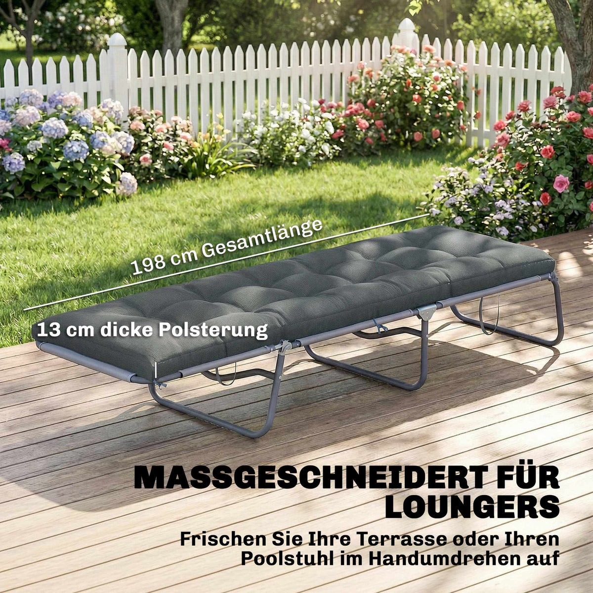Outdoor Lounger Cushion, Dark Grey, 198x65x13 cm, UV50+