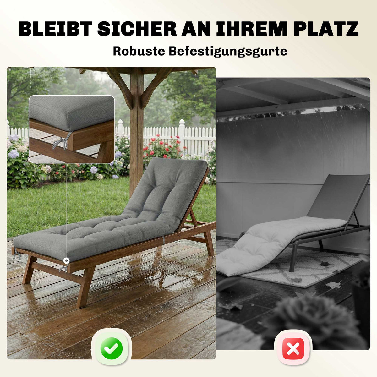 Outdoor Lounger Cushion, Removable, 198x65x13 cm, Light Grey