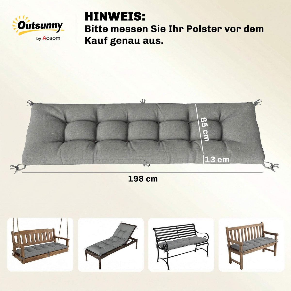 Outdoor Lounger Cushion, Removable, 198x65x13 cm, Light Grey