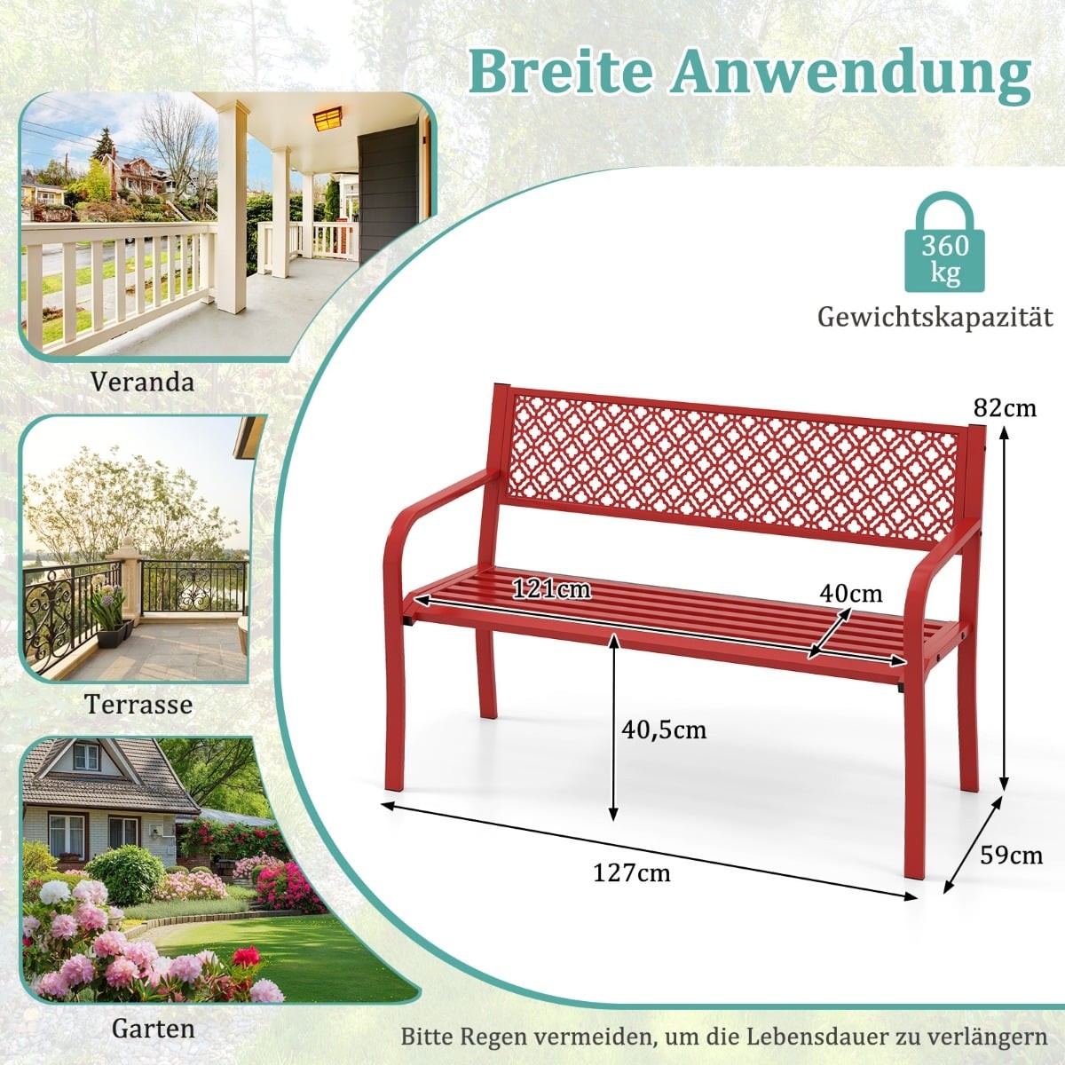 Outdoor Metal Bench, 2-3 Seats, 360 kg Capacity, Red