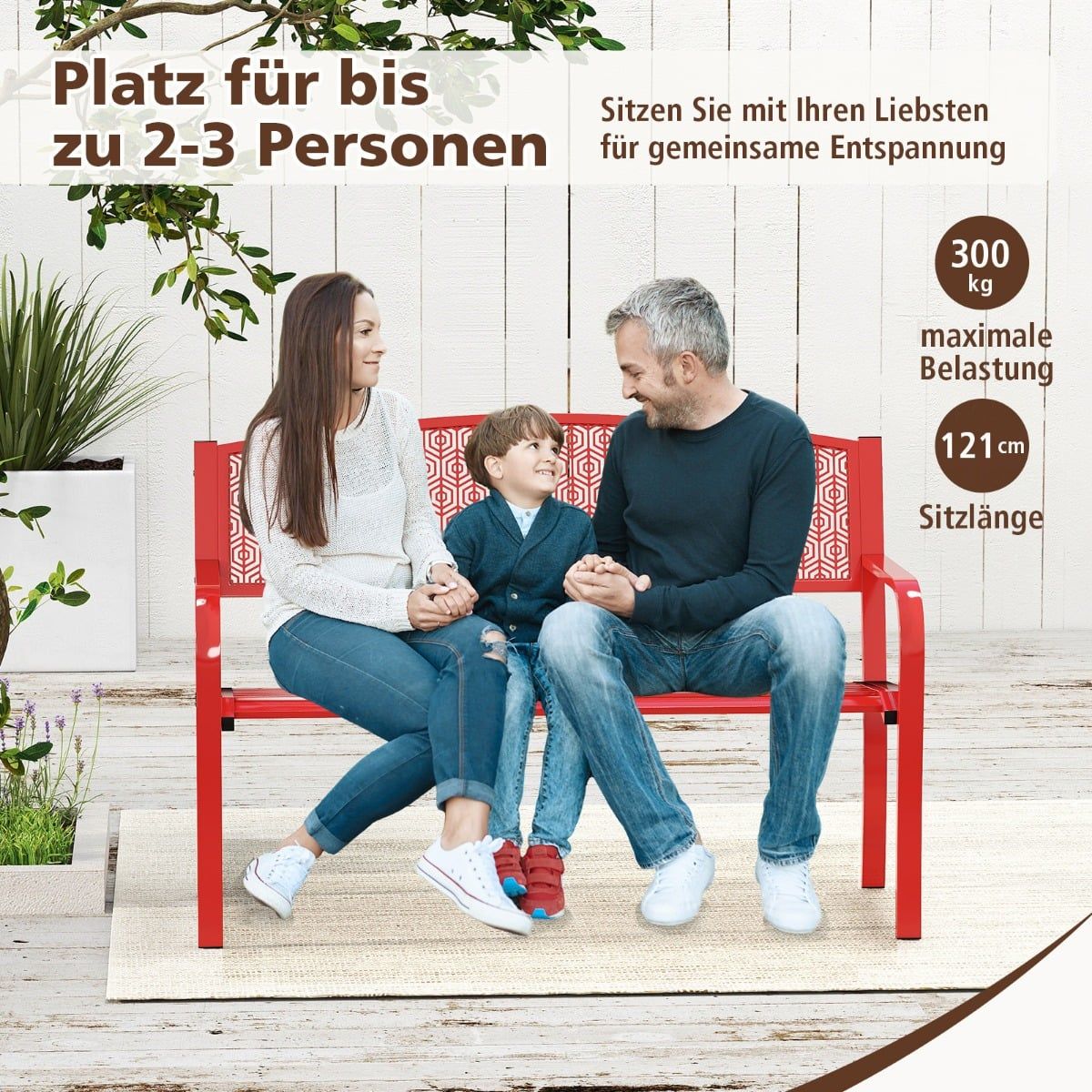 Outdoor Metal Bench, 2-3 Seats, Red, 300kg Capacity