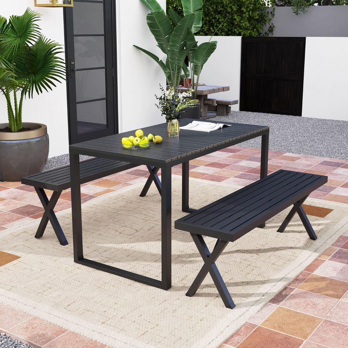 Outdoor Metal Bench, 2-Seater 138 cm, X-Leg Slatted Seat