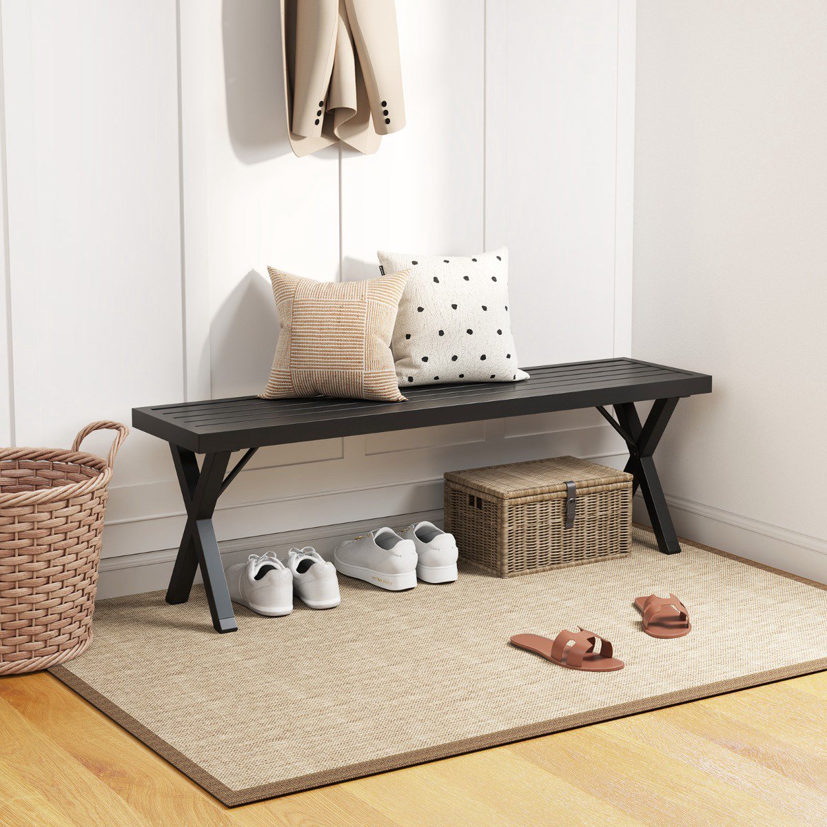 Outdoor Metal Bench, 2-Seater 138 cm, X-Leg Slatted Seat