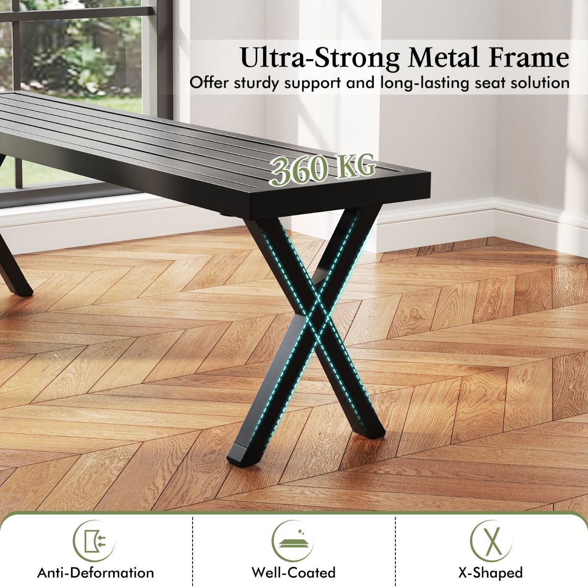 Outdoor Metal Bench, 2-Seater 138 cm, X-Leg Slatted Seat