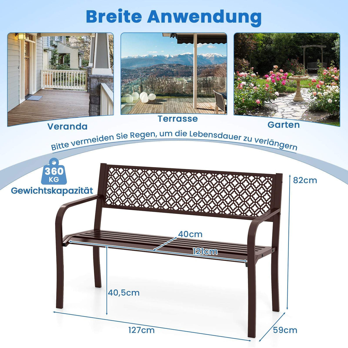 Outdoor Metal Bench, Weatherproof, 2-3 Seats, 360 kg Capacity