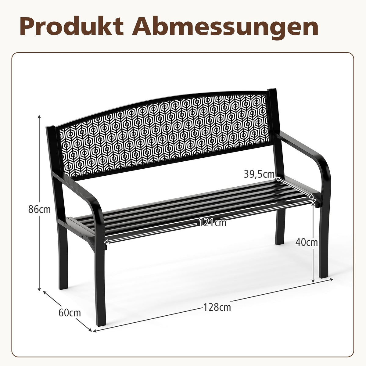 Outdoor Metal Bench, Weatherproof, 2-3 Seats, Black