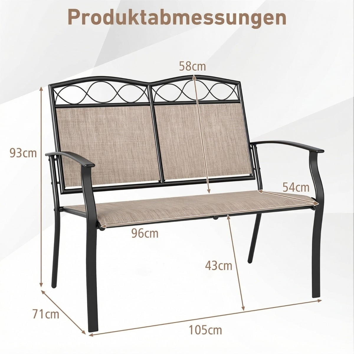 Outdoor Metal Bench for 2, 300kg Capacity, Quick-Dry Fabric