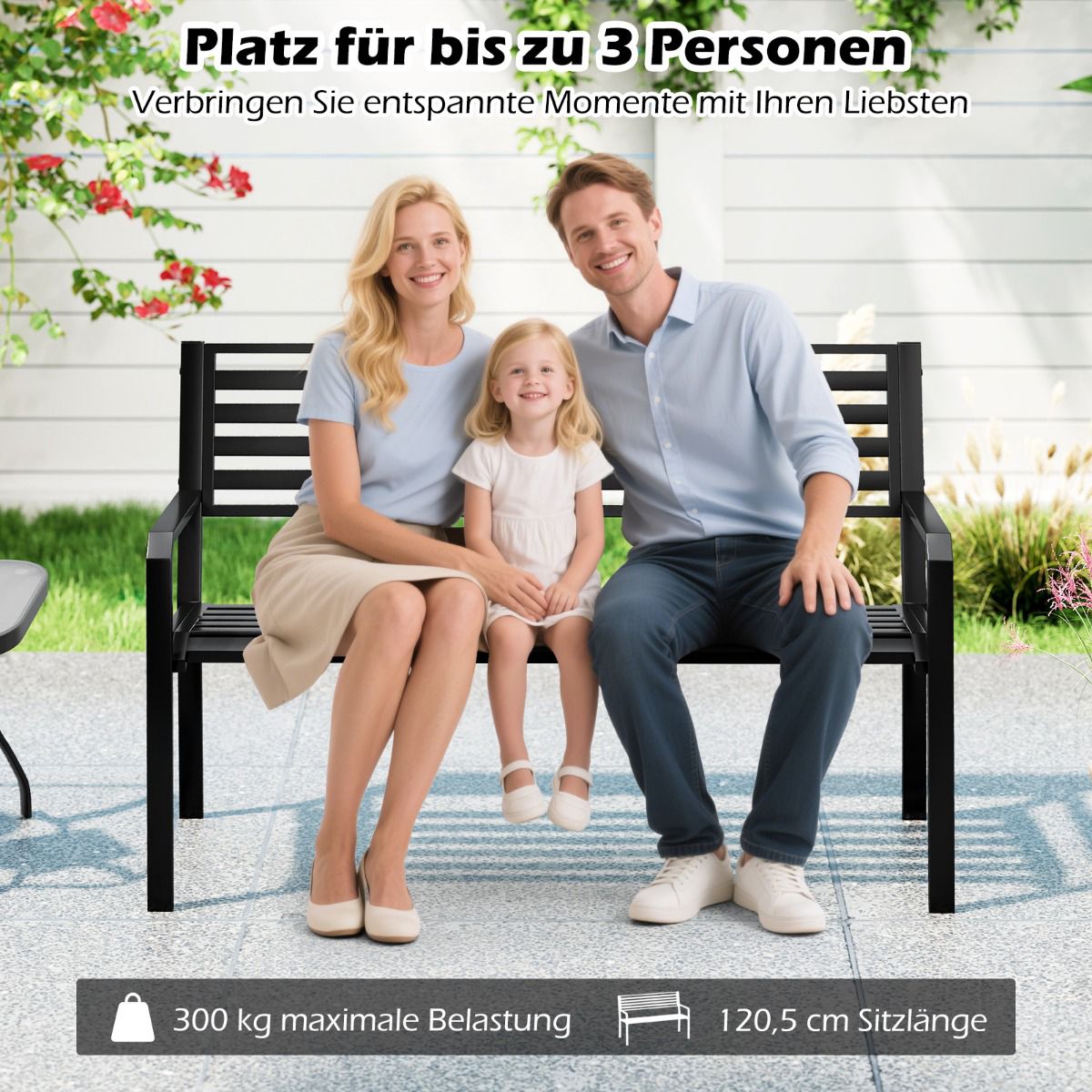 Outdoor Metal Bench for 2, Black, 127 x 56 x 82 cm