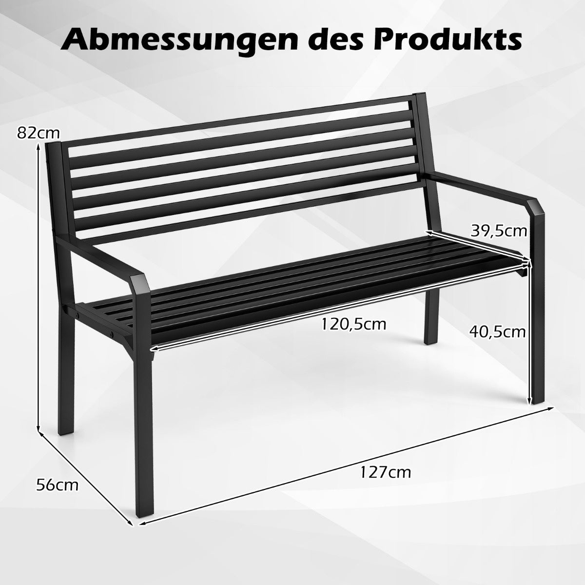 Outdoor Metal Bench for 2, Black, 127 x 56 x 82 cm