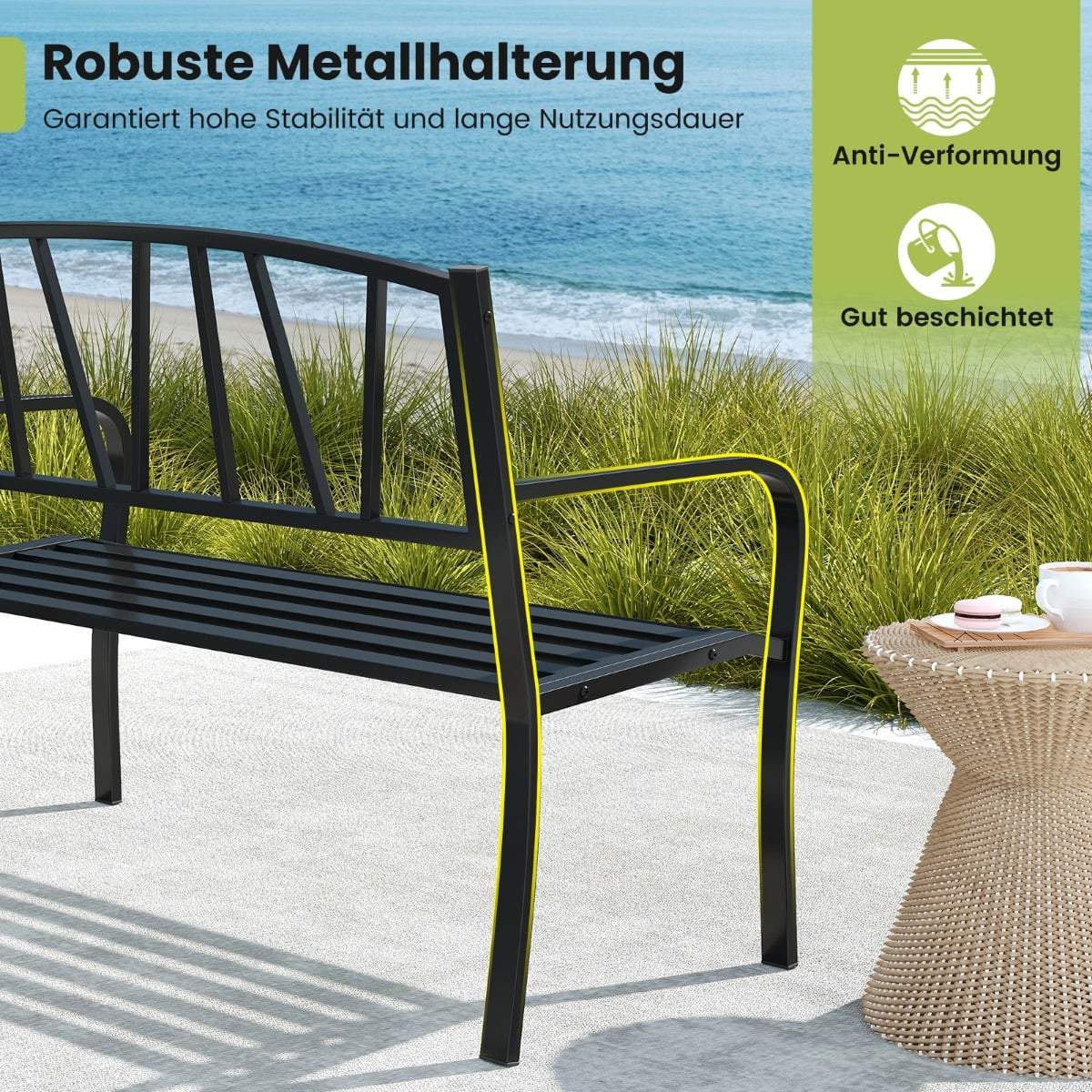 Outdoor Metal Garden Bench, Black, 2-3 Seater, Weatherproof