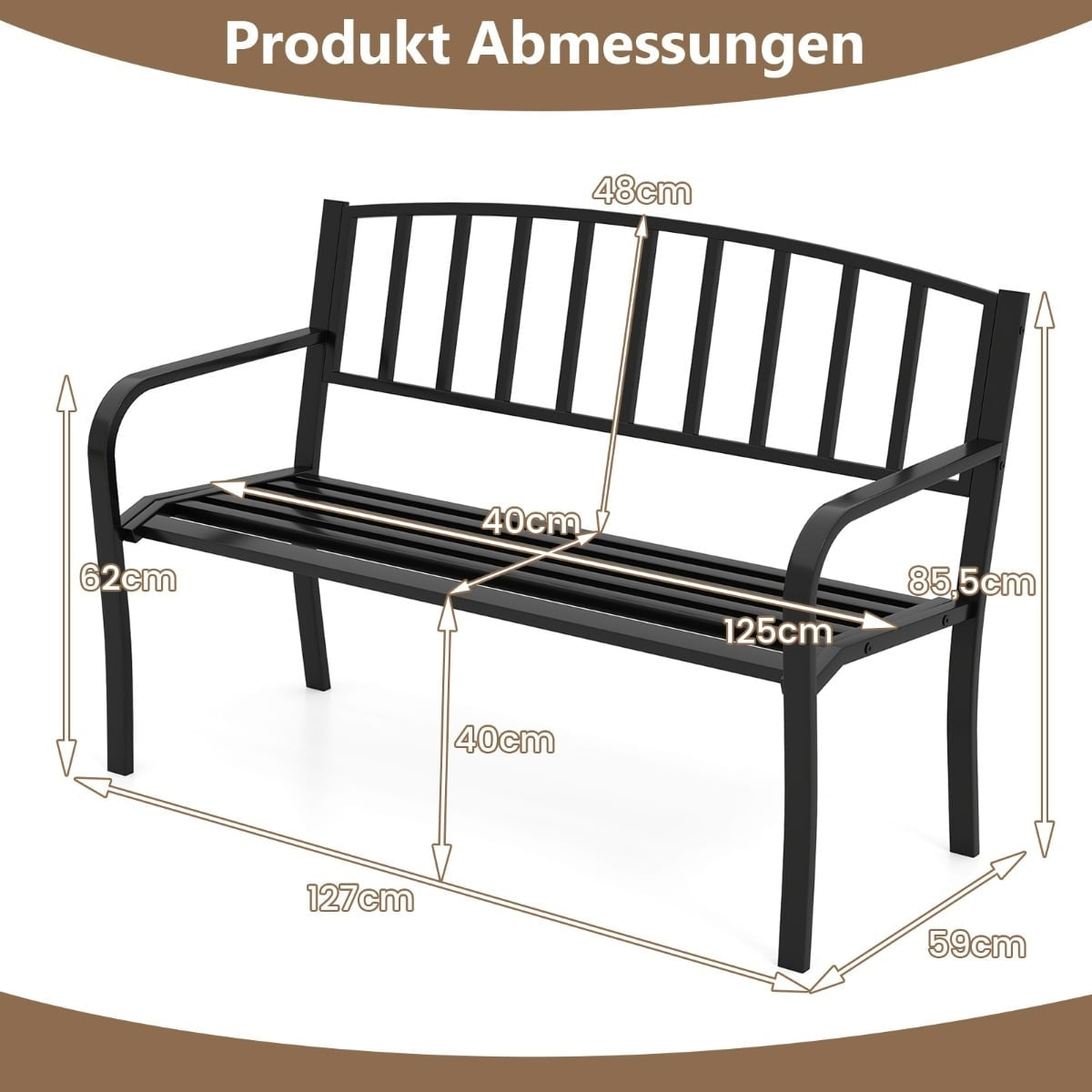 Outdoor Metal Garden Bench, Weatherproof, Seats 2-3, Black