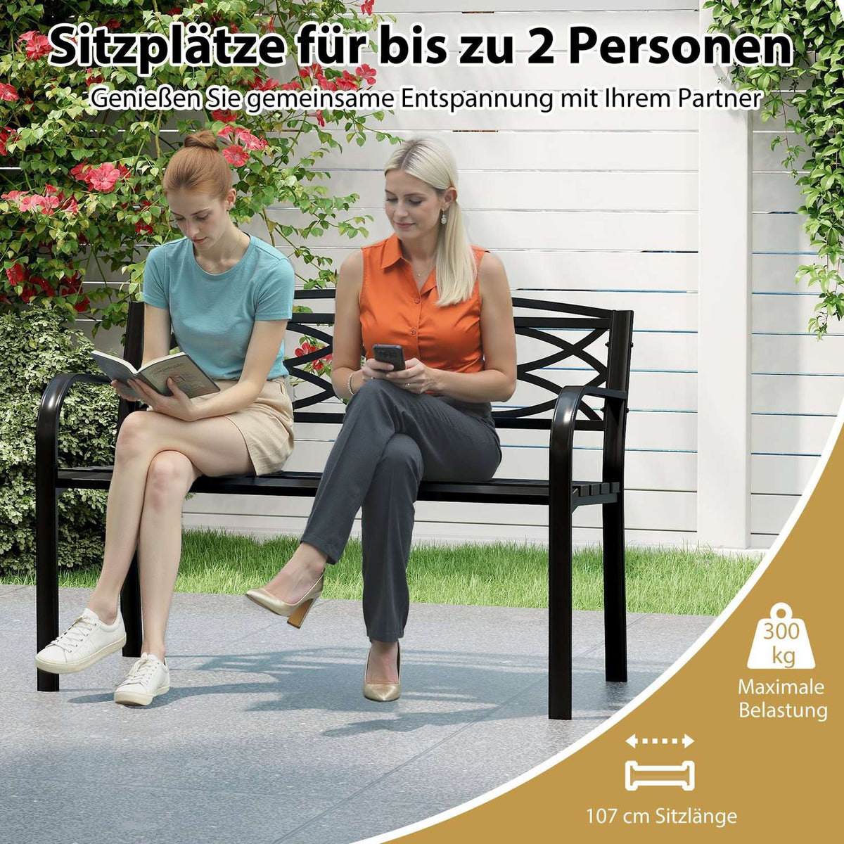 Outdoor Metal Garden Bench for 2, Weatherproof, Black