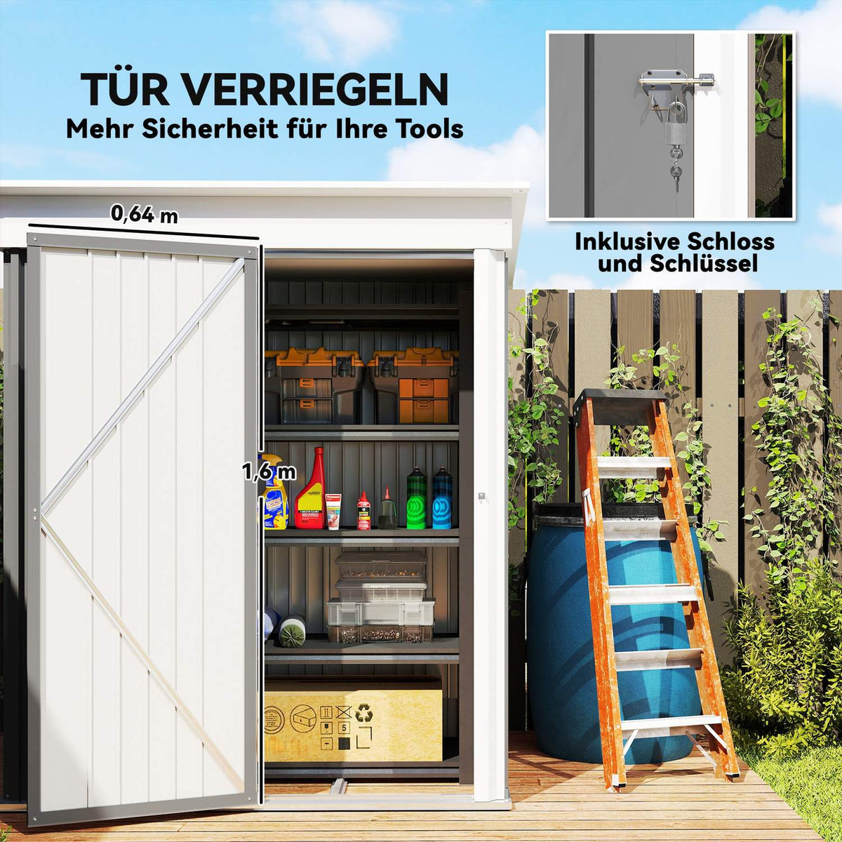Outdoor Metal Garden Shed, Adjustable Shelves, Lockable Door