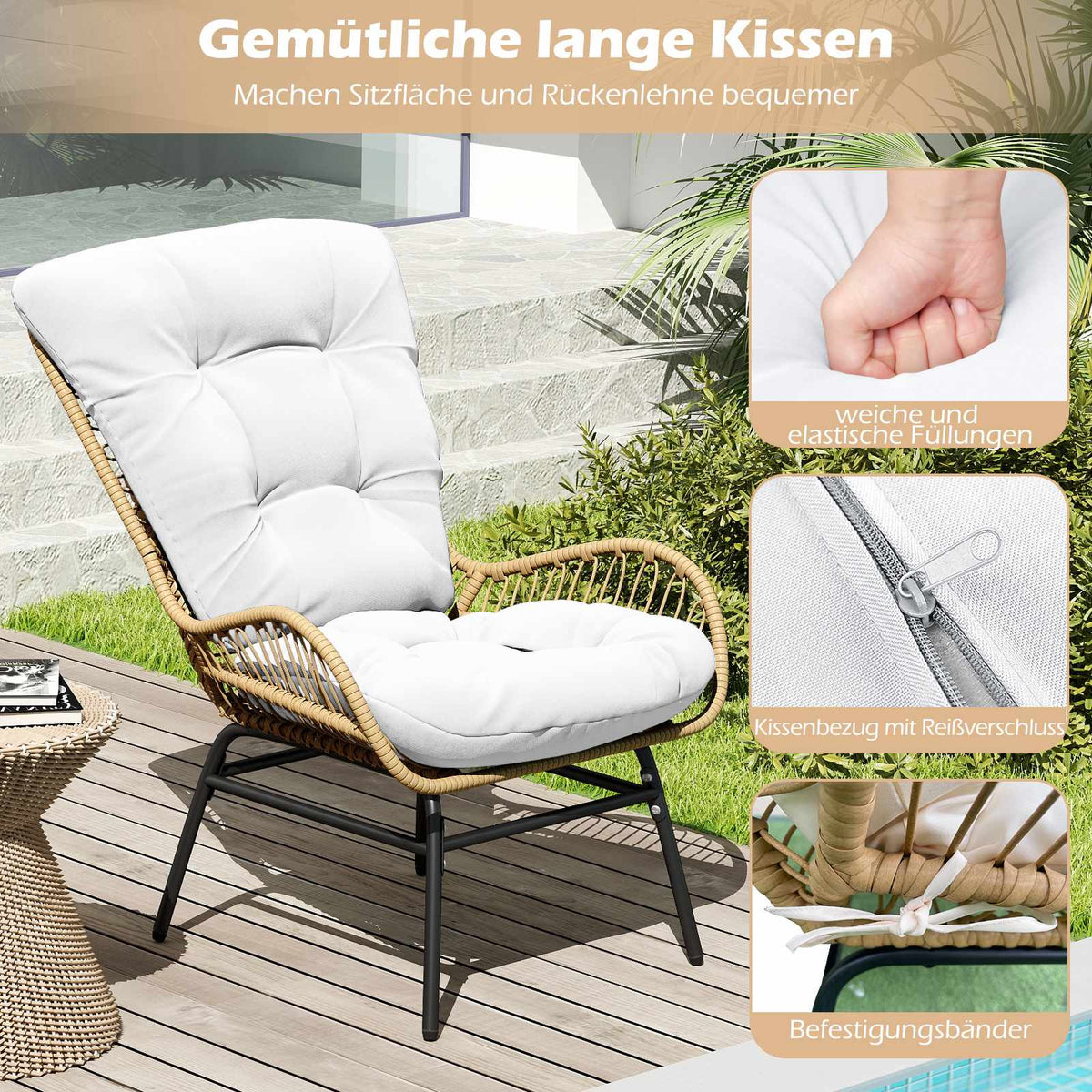 Outdoor PE Rattan Dining Chair With Off-White Cushion
