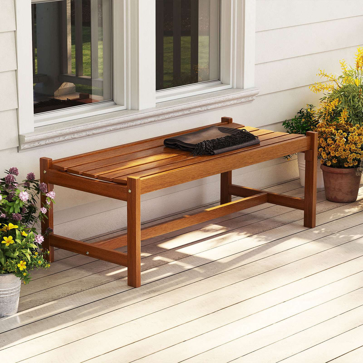 Outdoor Patio Wood Bench, 44 Inch Solid Hardwood, Teak Finish