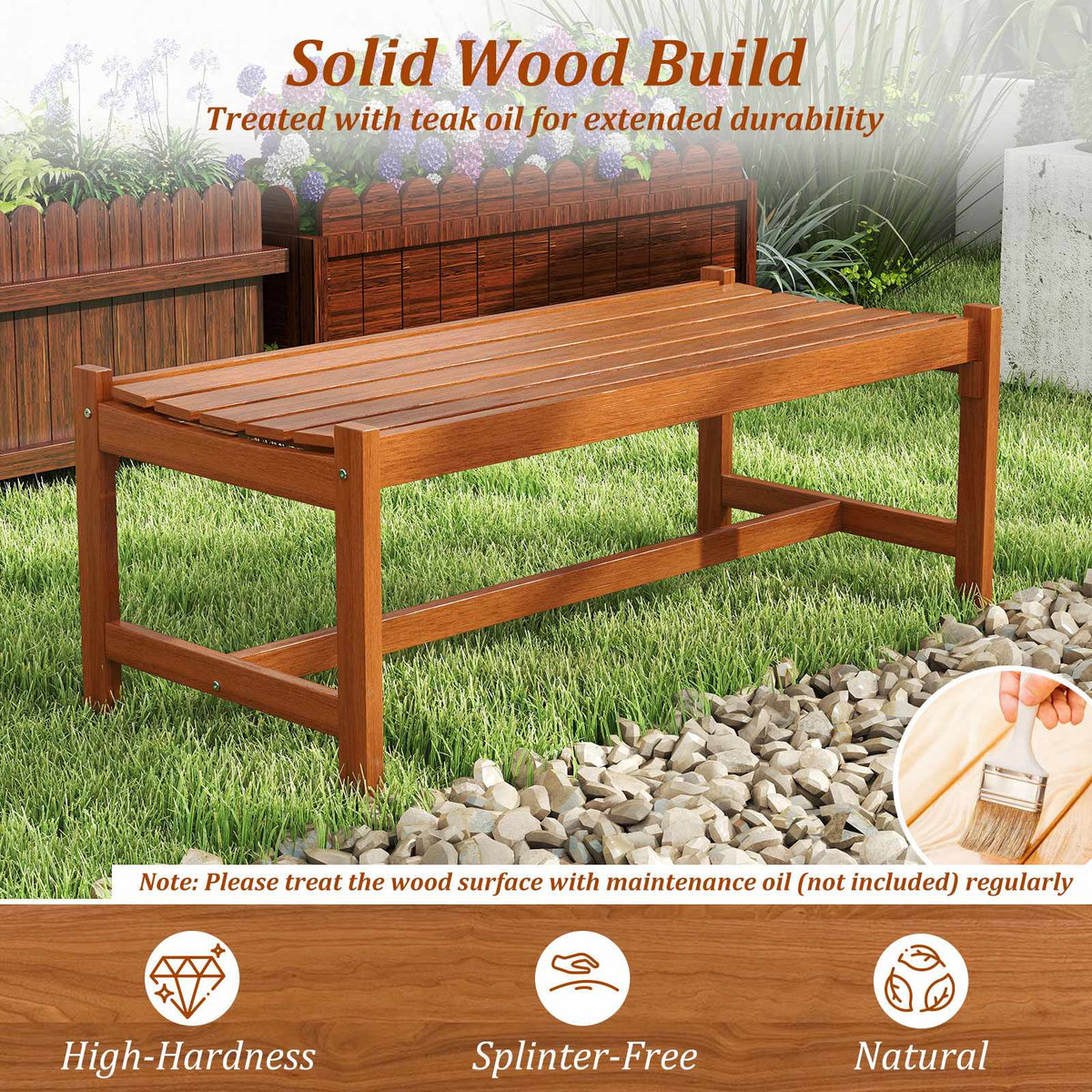 Outdoor Patio Wood Bench, 44 Inch Solid Hardwood, Teak Finish