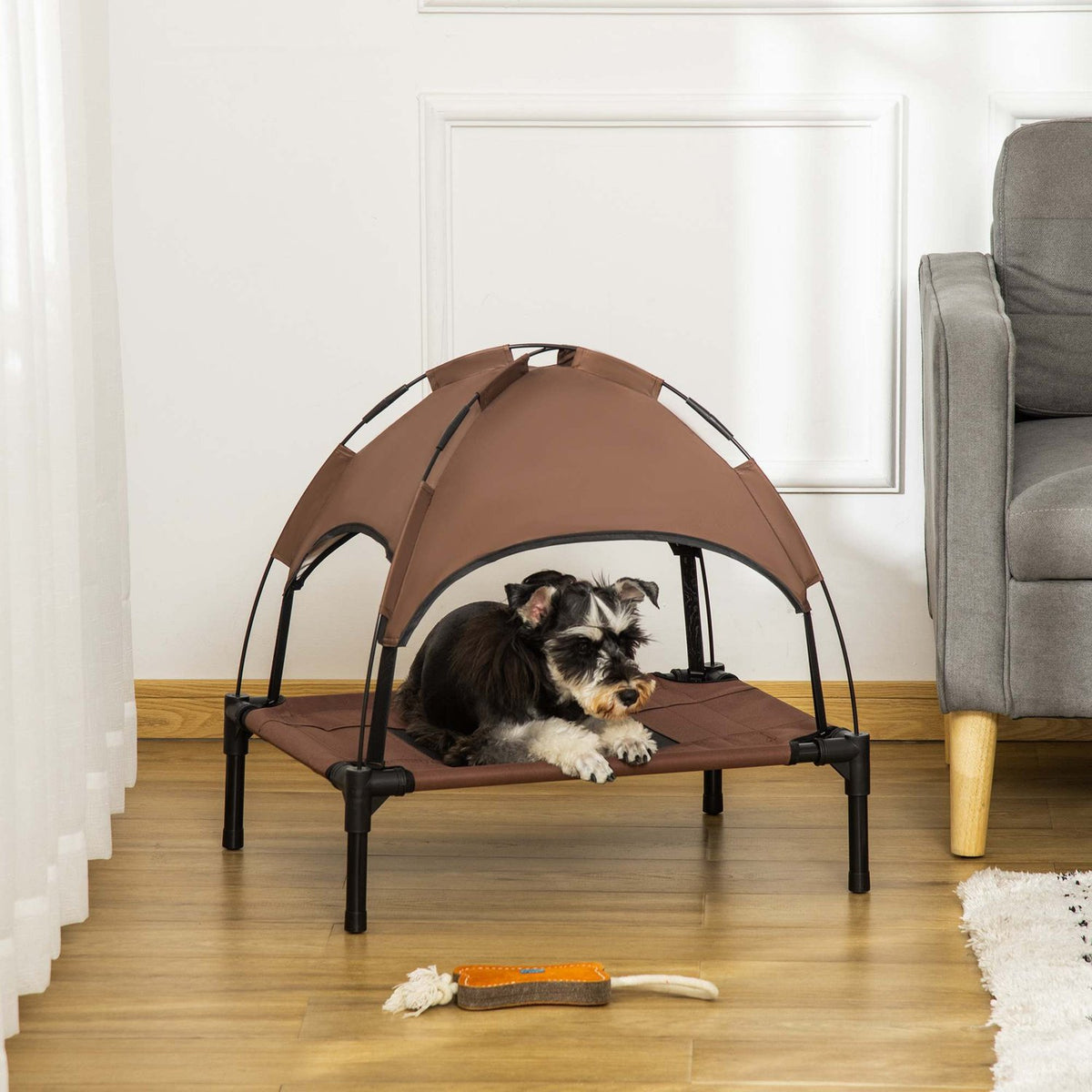 Outdoor Pet Bed With Canopy Elevated Dog Bed, Breathable Taffeta Fabric, Coffee, 61X46X62Cm