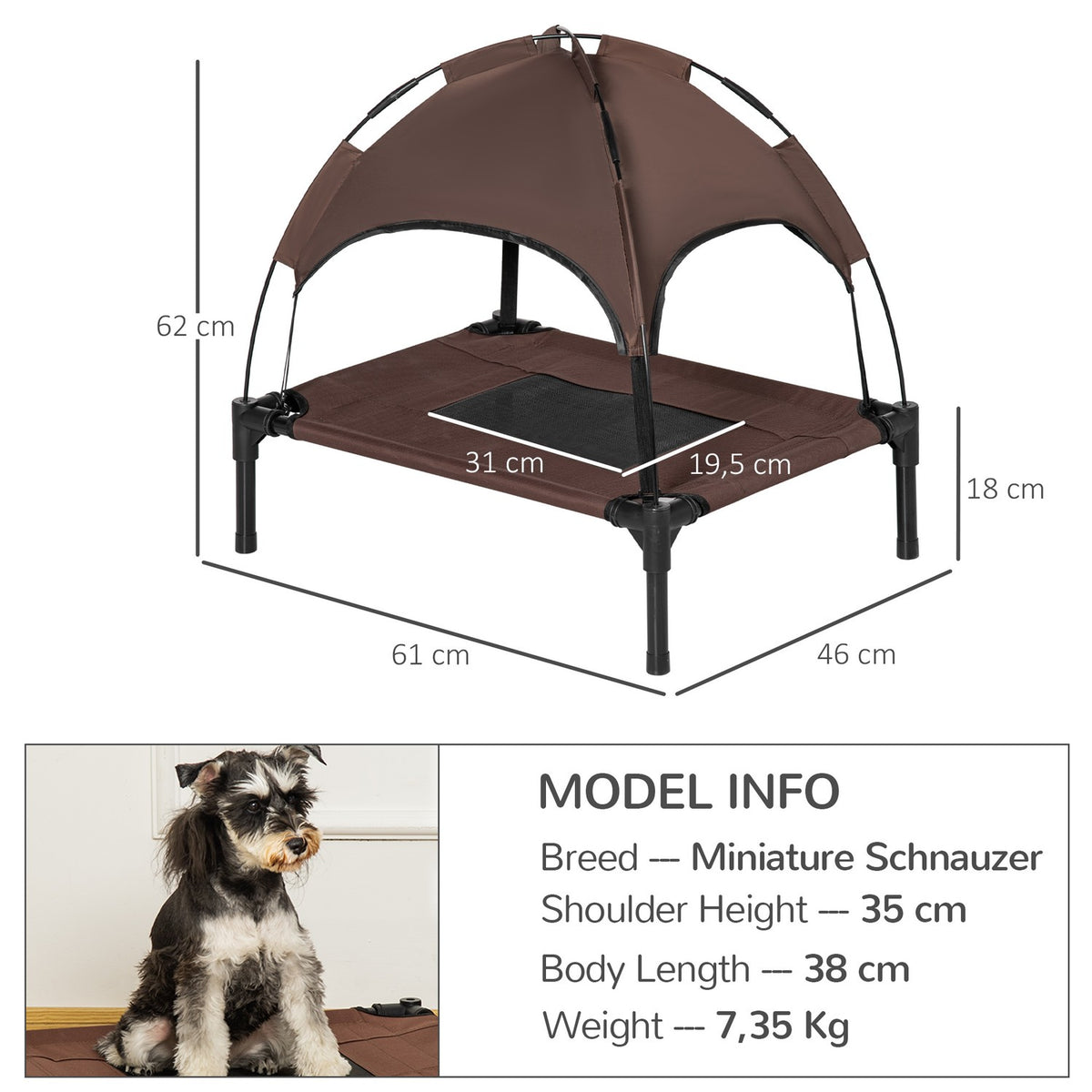 Outdoor Pet Bed With Canopy Elevated Dog Bed, Breathable Taffeta Fabric, Coffee, 61X46X62Cm
