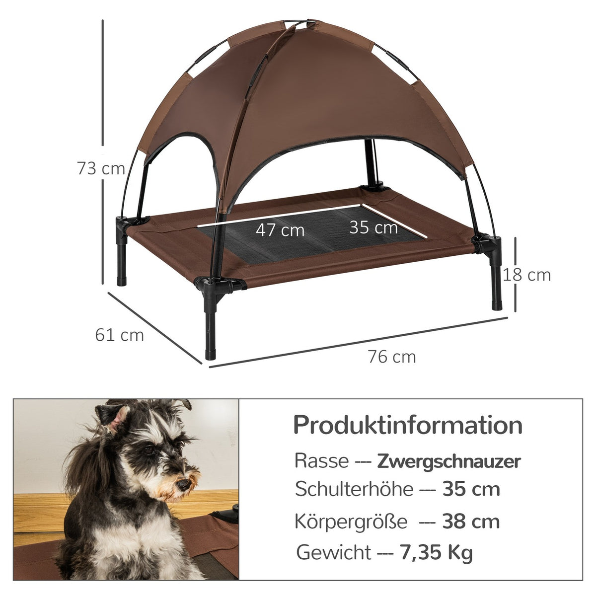Outdoor Pet Bed With Canopy Elevated Dog Bed, Breathable Taffeta Fabric, Coffee, 76X61X73Cm