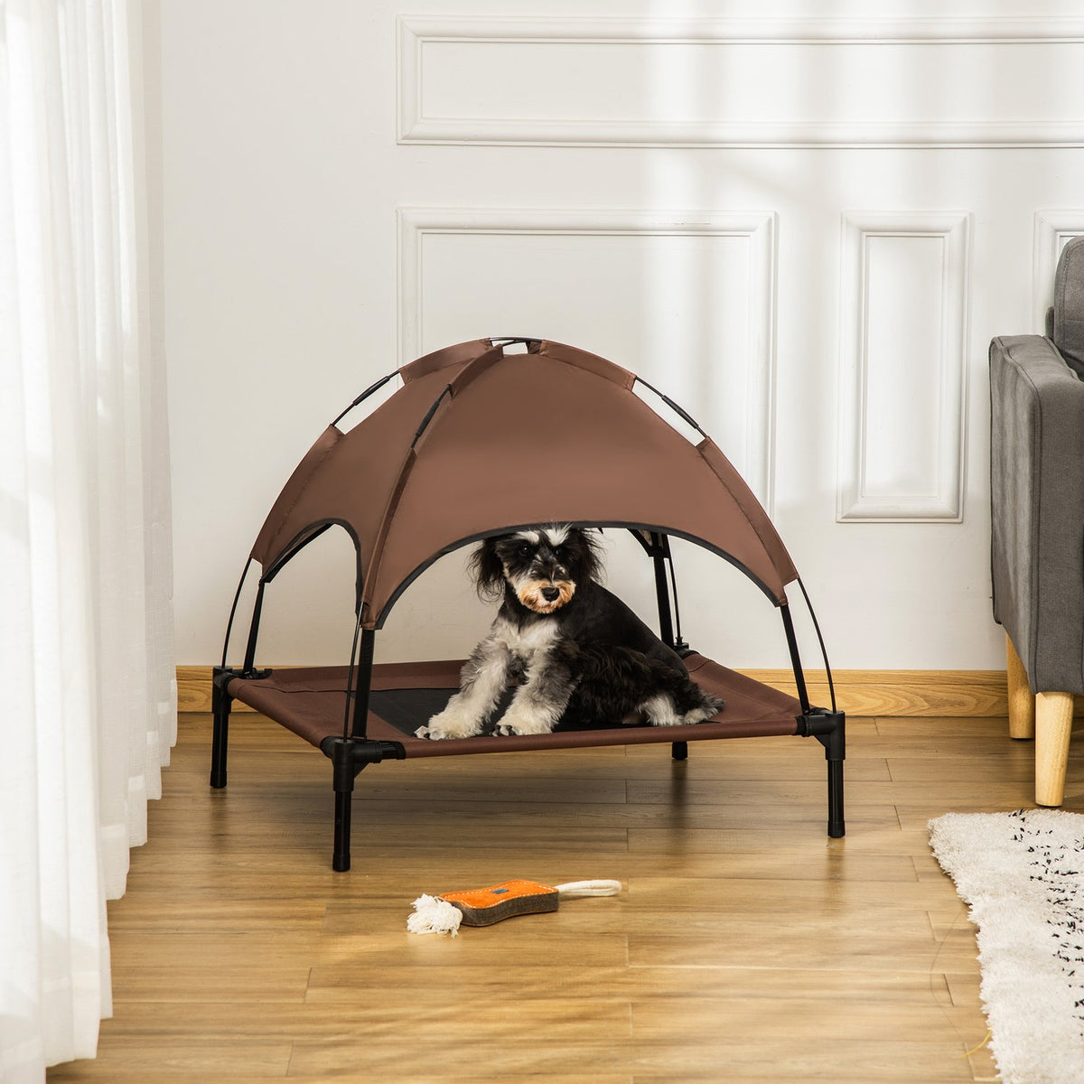 Outdoor Pet Bed With Canopy Elevated Dog Bed, Breathable Taffeta Fabric, Coffee, 76X61X73Cm