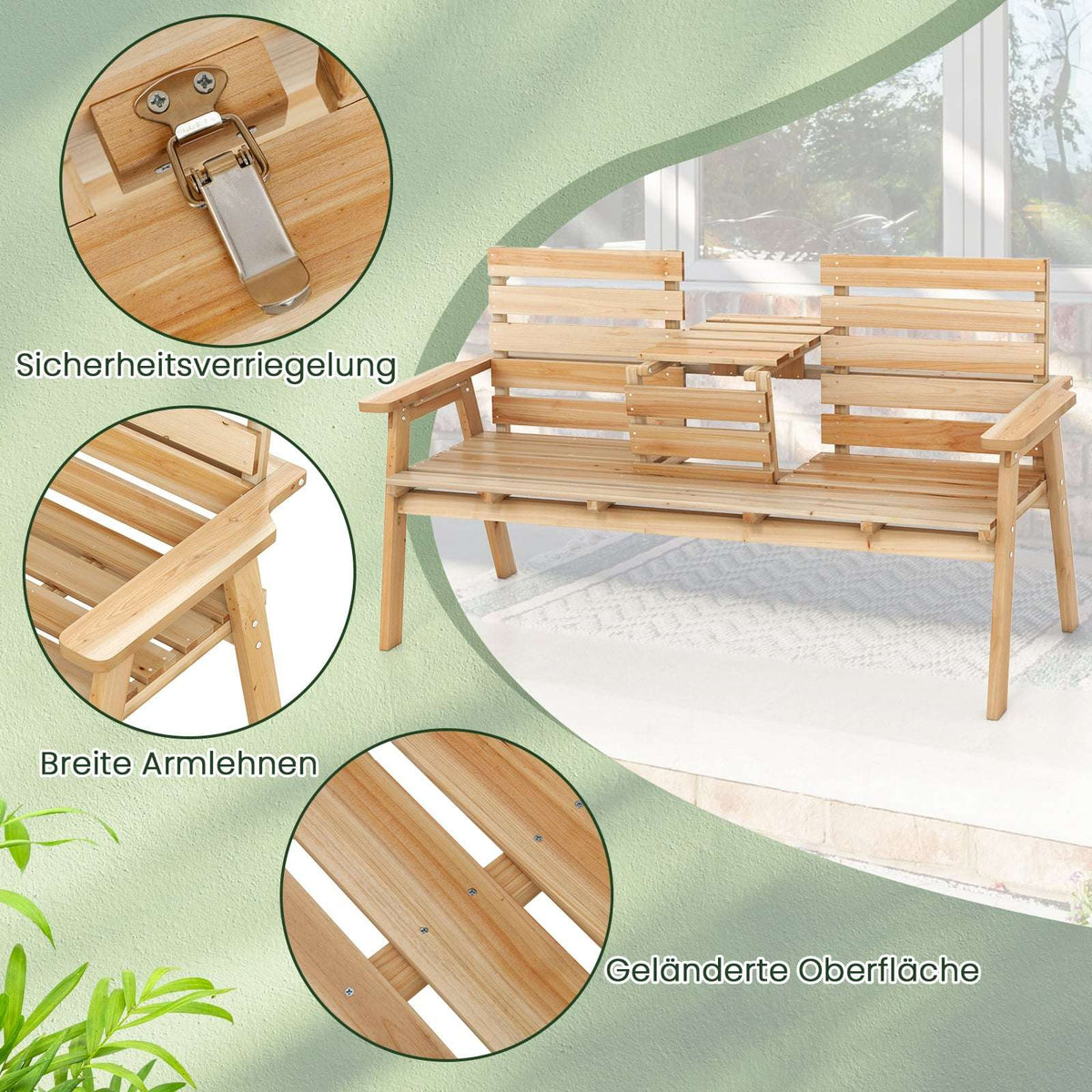 Outdoor Pine Wood Bench with Foldable Middle Table