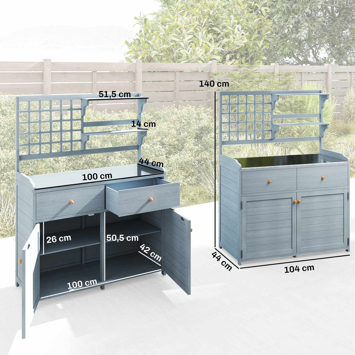 Outdoor Potting Bench with Zinc Top, 2 Drawers, 104x44x140 cm