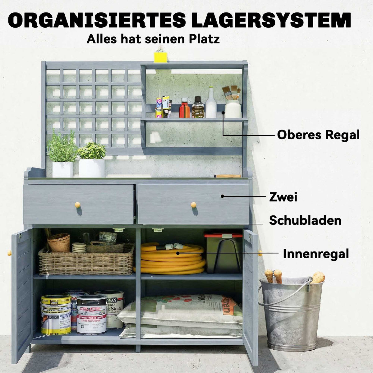 Outdoor Potting Bench with Zinc Top, 2 Drawers, 104x44x140 cm