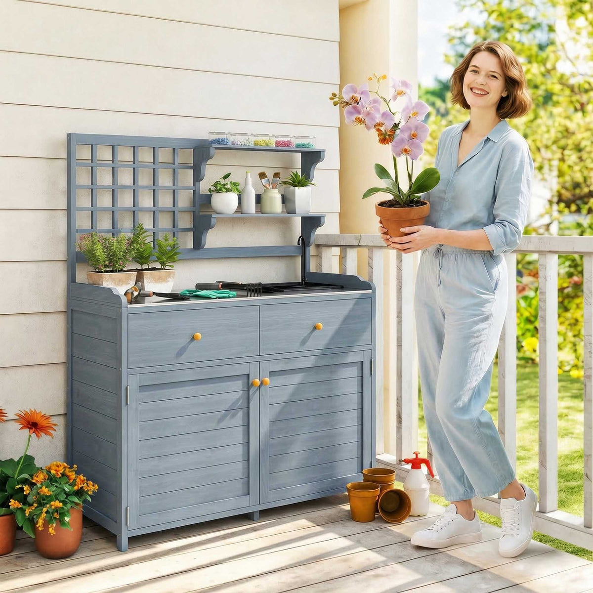 Outdoor Potting Bench with Zinc Top, 2 Drawers, 104x44x140 cm