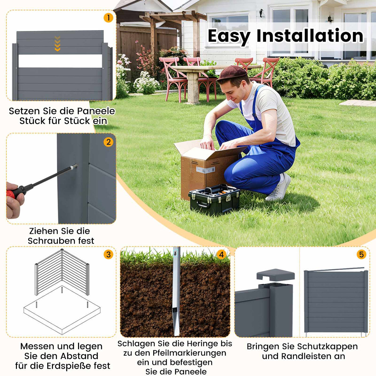 Outdoor Privacy Fence Panels 123x123cm, 2-Pack, Metal Spikes, Gray