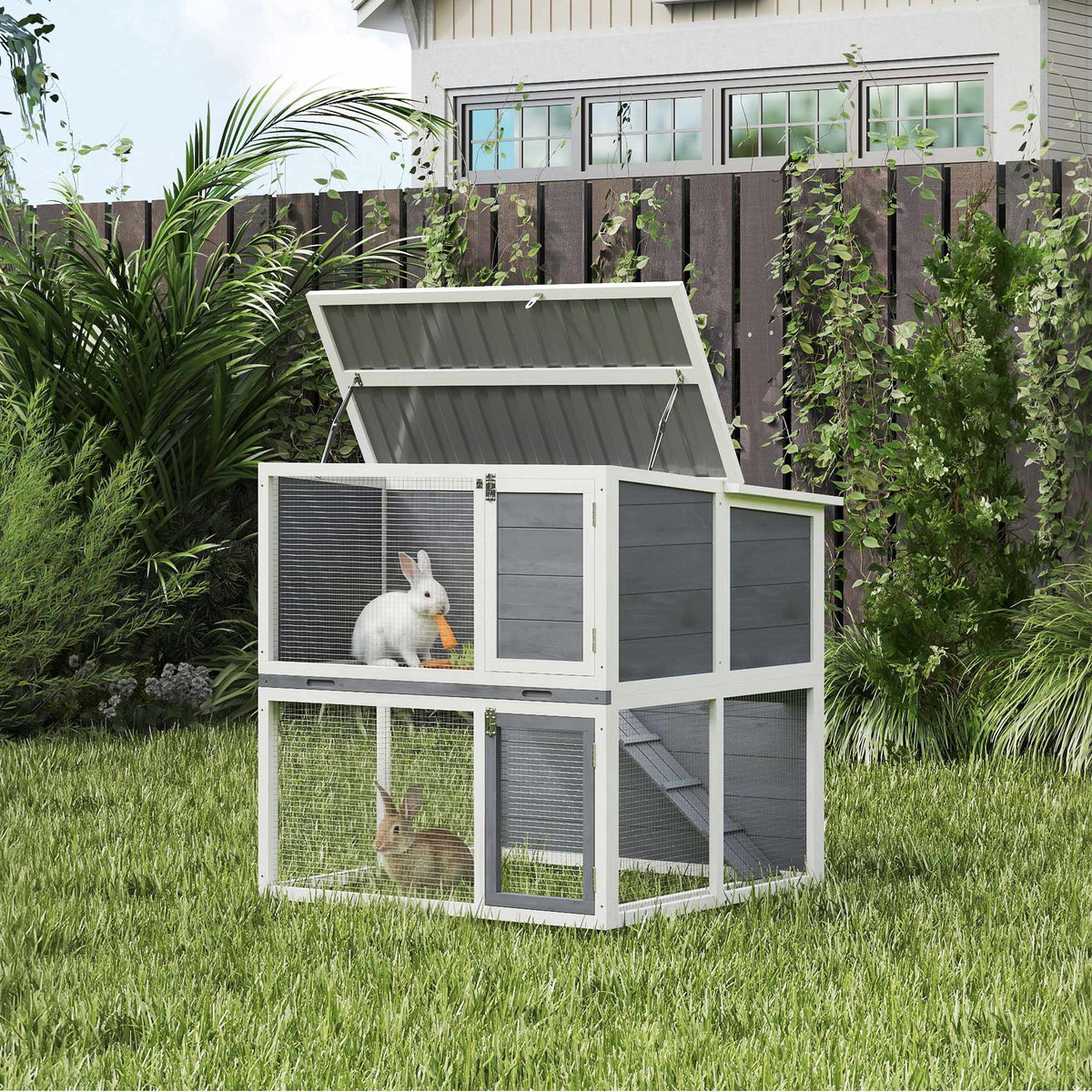 Outdoor Rabbit Hutch, Two-Story, Weatherproof Roof
