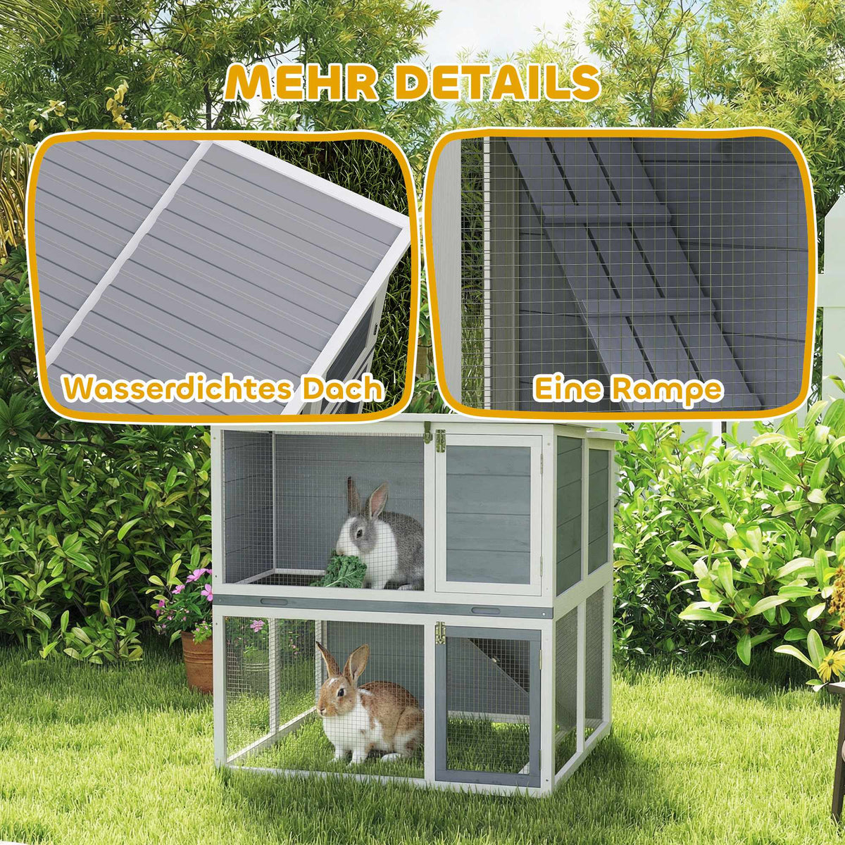 Outdoor Rabbit Hutch, Two-Story, Weatherproof Roof