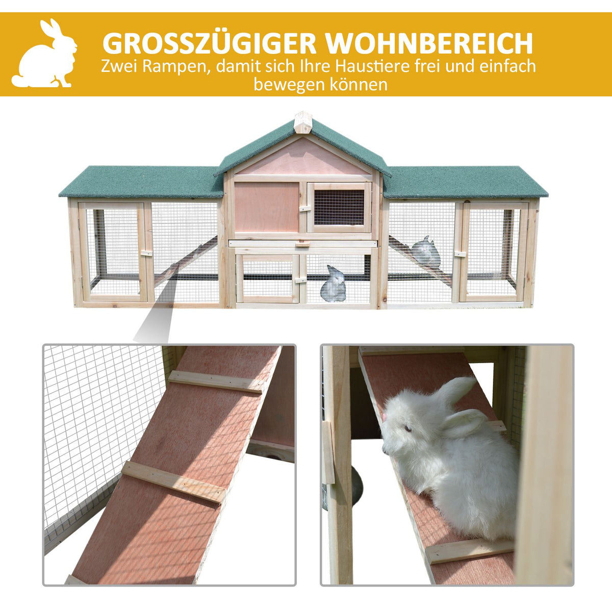 Outdoor Rabbit Hutch with 2 Runs, Fir Wood, Grey & Black