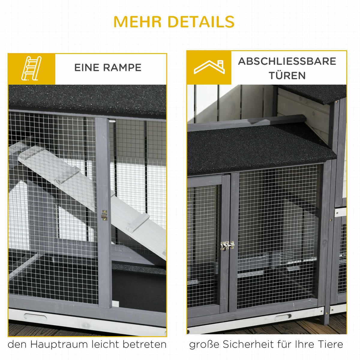 Outdoor Rabbit Hutch with Run, Ramp, Asphalt Roof, Wood