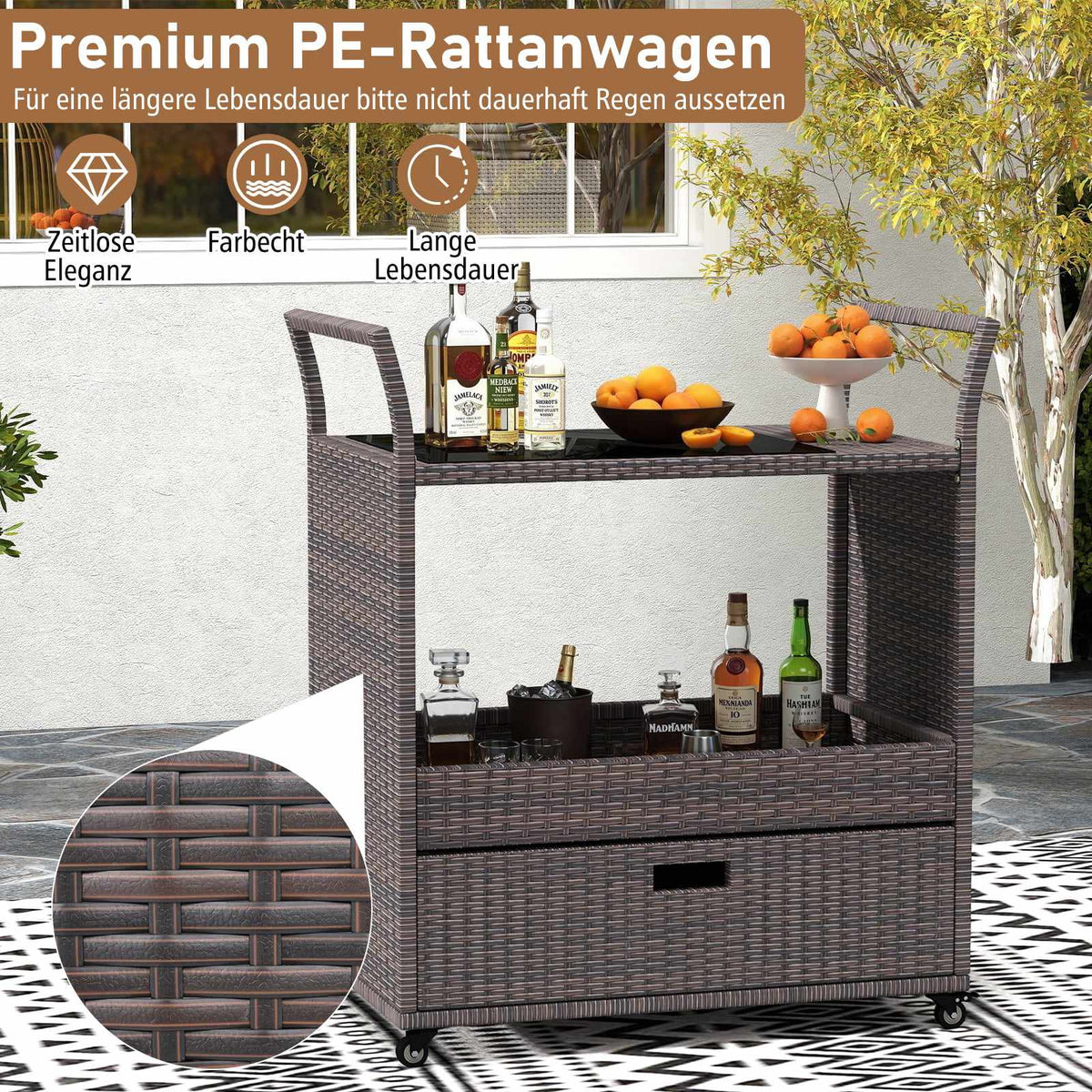 Outdoor Rattan Bar Cart with Glass Top and Storage
