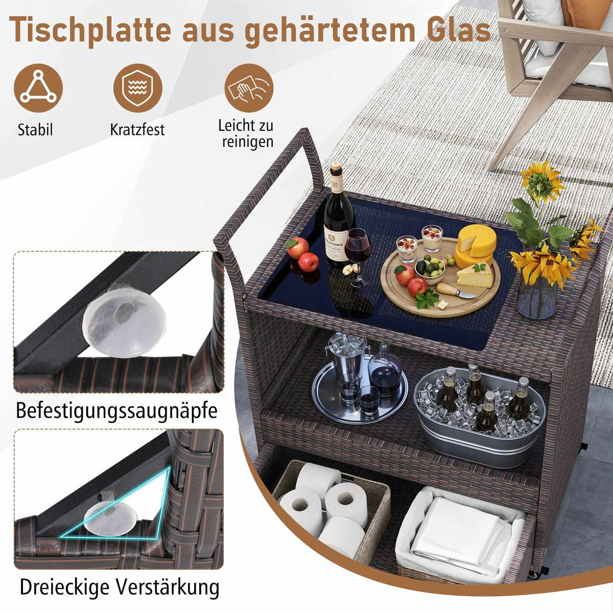 Outdoor Rattan Bar Cart with Glass Top and Storage