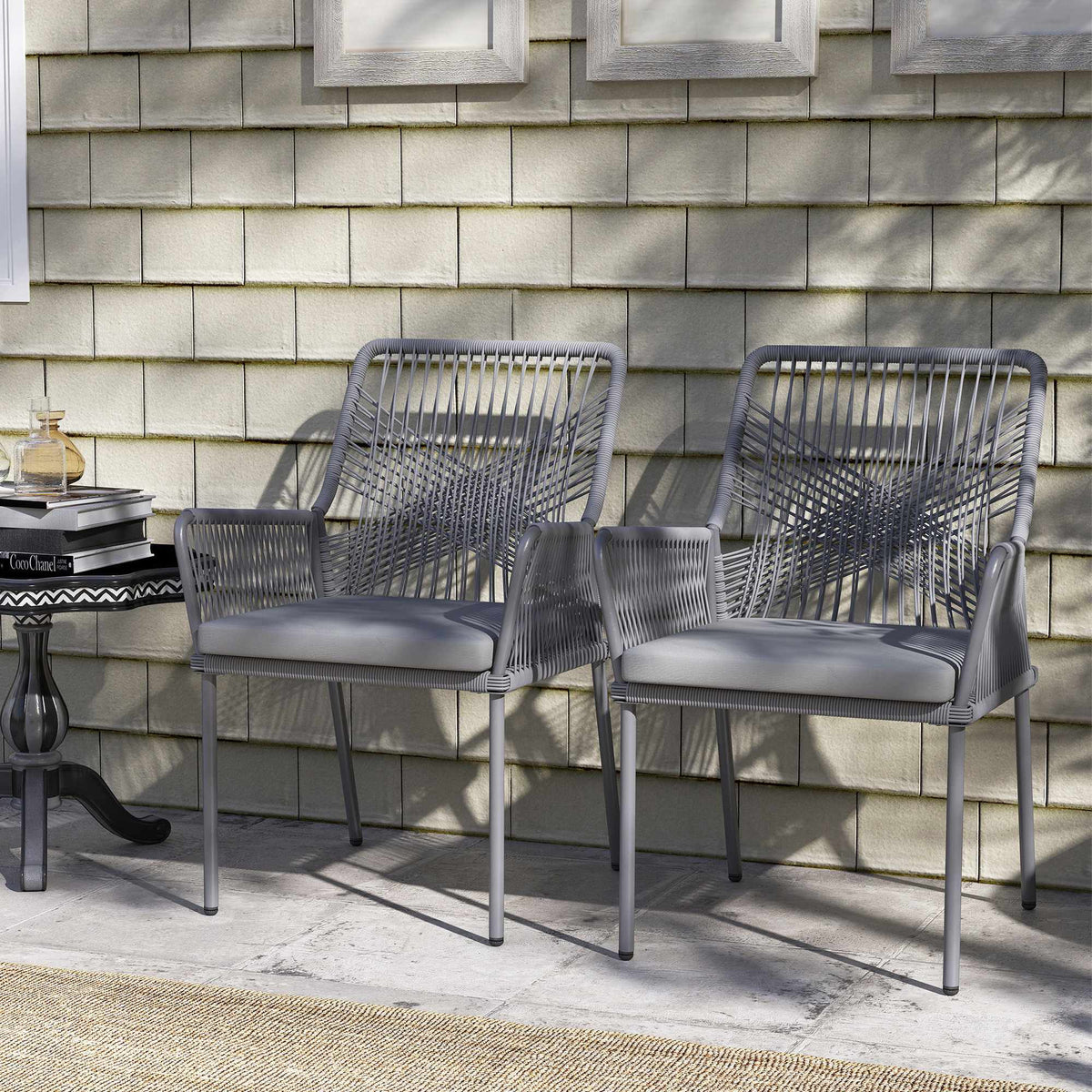 Outdoor Rattan Chairs Set of 2, Dark Grey, Washable Cushions