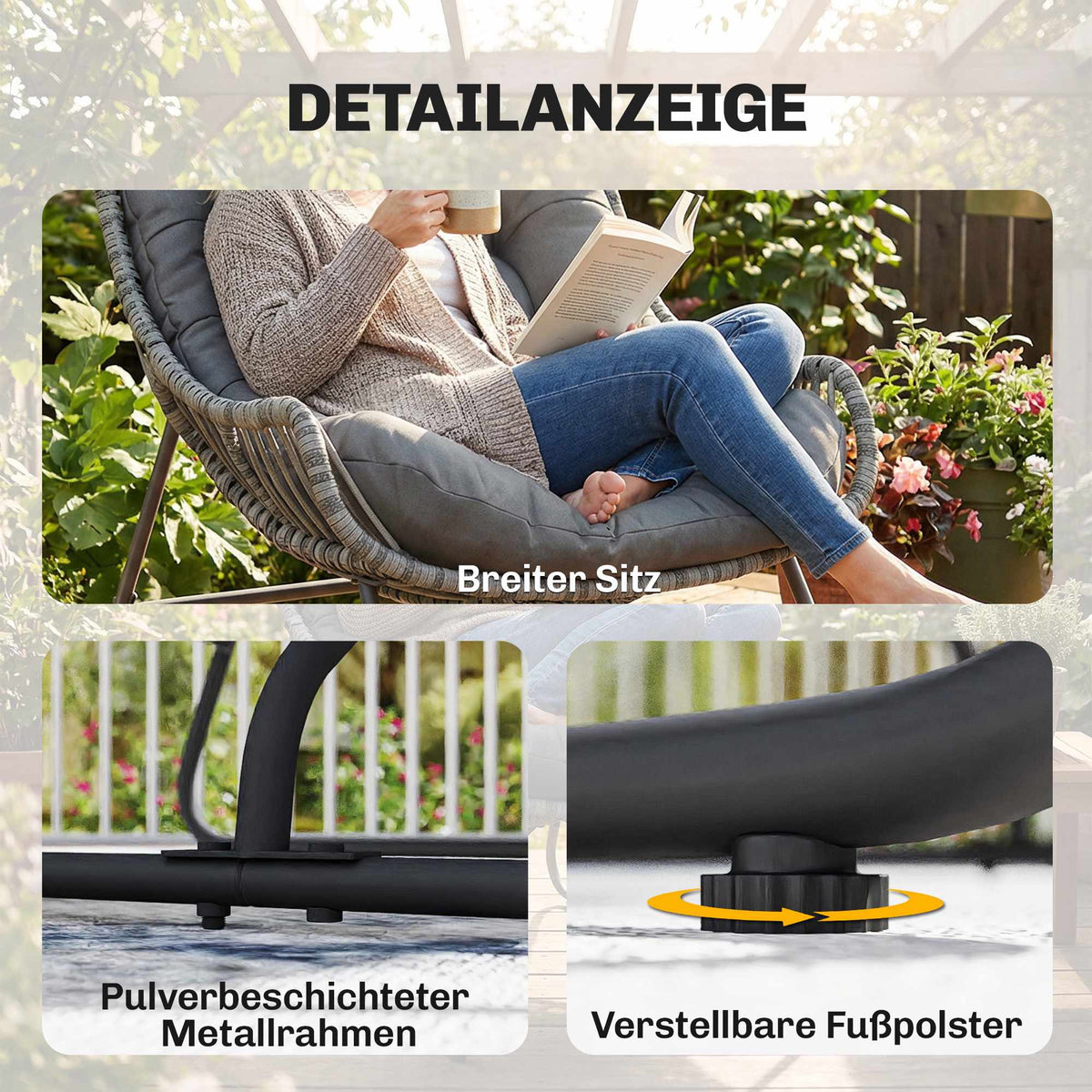 Outdoor Rattan Chair with Cushion, Steel Frame, 120kg Capacity
