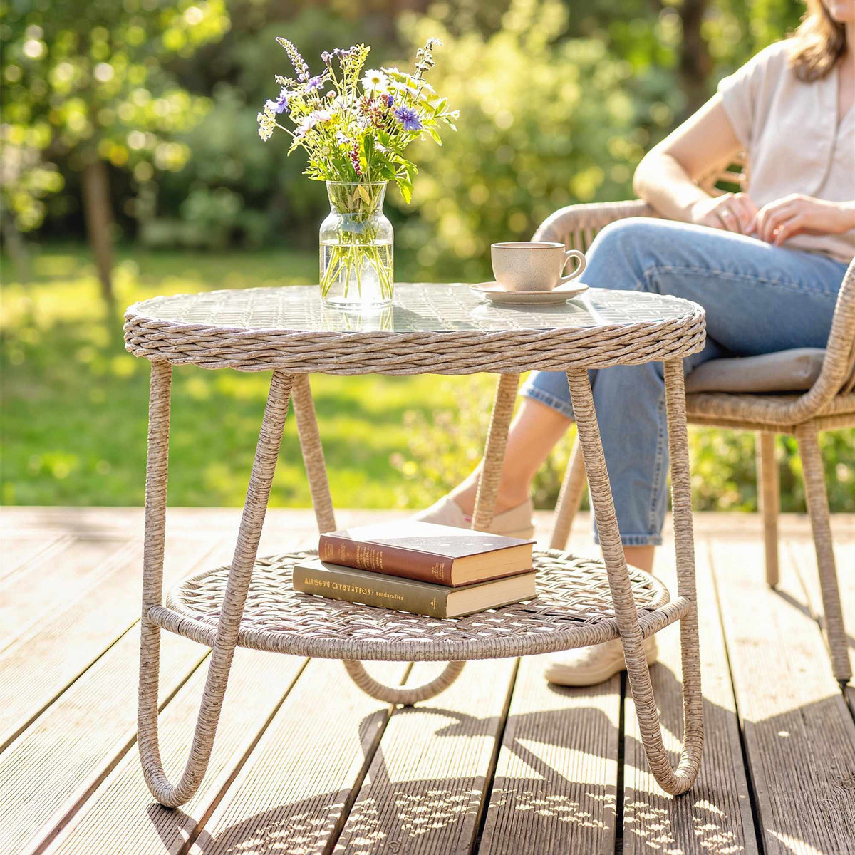 Outdoor Rattan Coffee Table, 2-Tier, Glass Top, Adjustable Feet