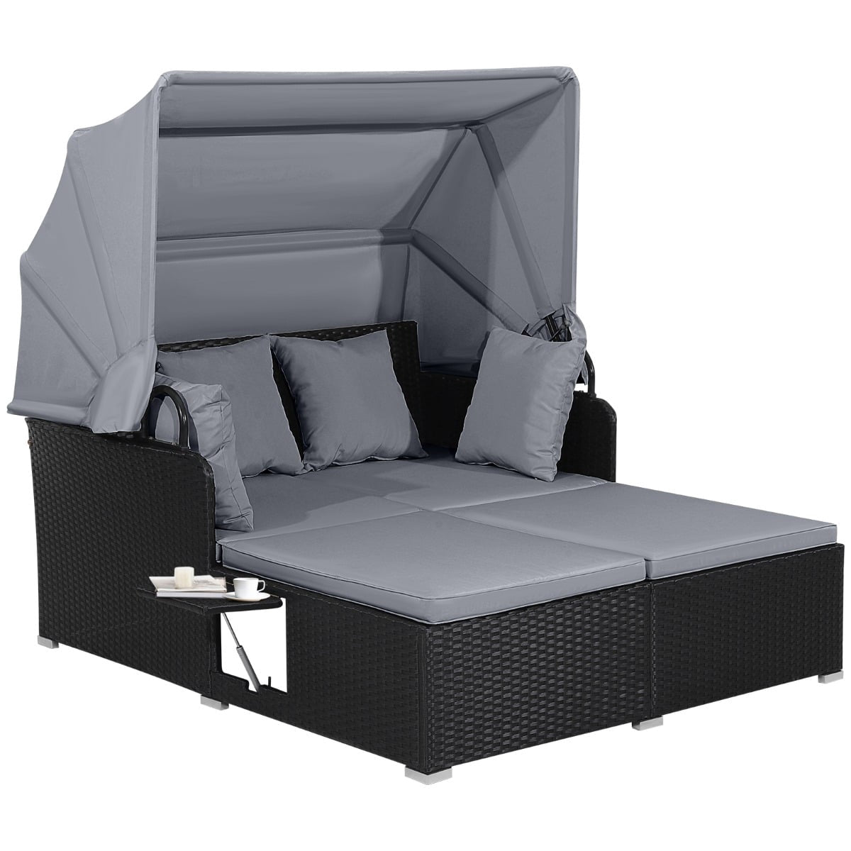 Outdoor Rattan Daybed for 2 with Canopy and Trays