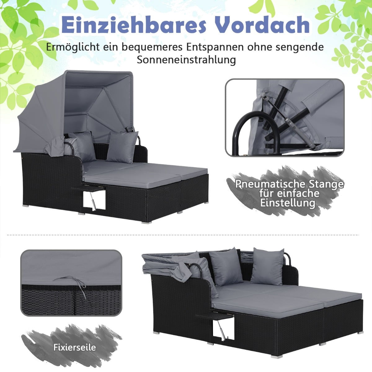 Outdoor Rattan Daybed for 2 with Canopy and Trays